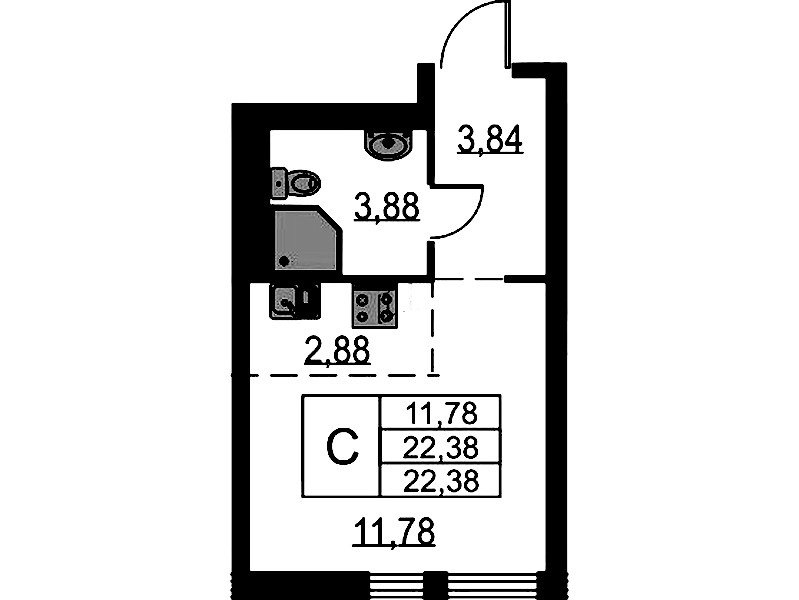 Квартира студия 22.38 м², 16/17 эт., ЖК «Невская Долина»